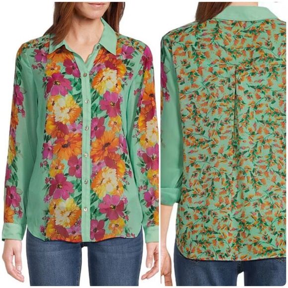 fig and flower Tops - Fig‎ and Flower Mint Green Floral Button Up Long Sleeve Top  -- XL